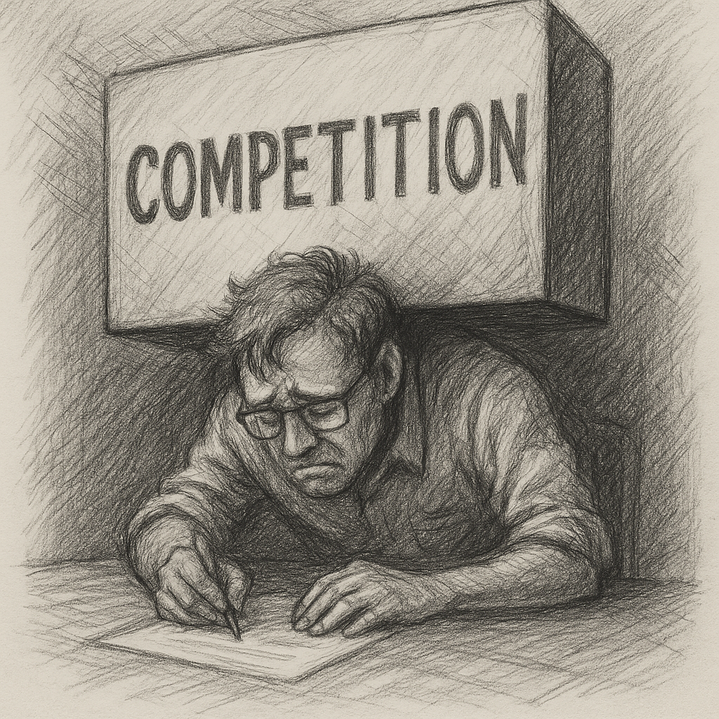 A pencil sketch shows a man hunched over a desk, visibly strained, as a large concrete-like block labelled 'COMPETITION' presses down on his back. He appears to be trying to write, but the weight is overwhelming. The drawing is in black and white, with rough, expressive shading that emphasises the pressure and emotional toll.