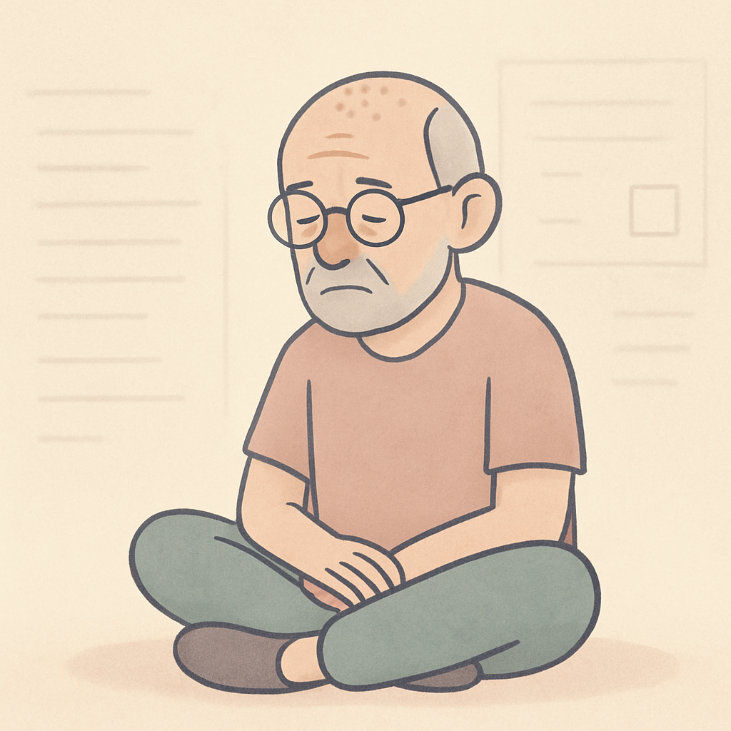 Minimalist cartoon of a middle-aged man with glasses, short grey beard, and receding hairline, sitting cross-legged in quiet reflection. Faint bureaucratic forms and boxes float in the background, symbolising institutional systems. The man appears calm but isolated. Representing the experience of being left out by processes that fail to account for difference.