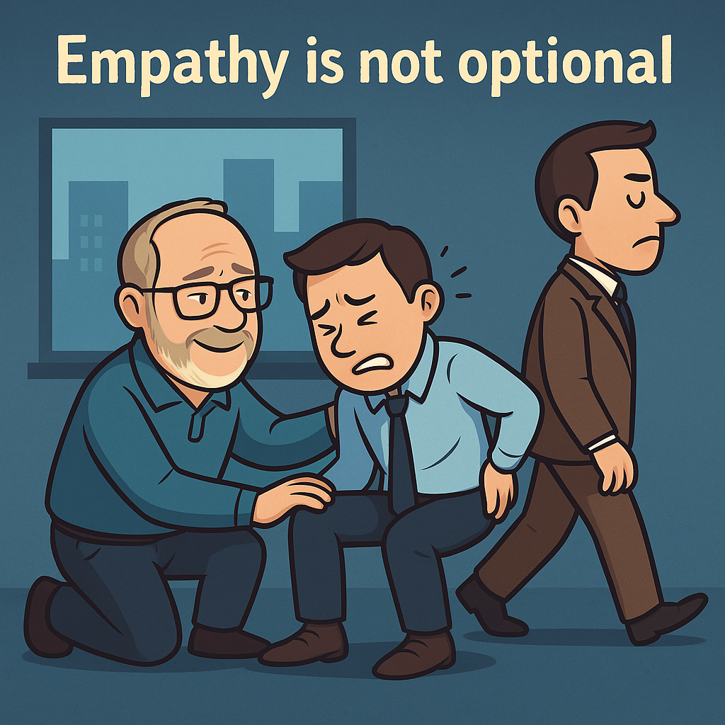 Cartoon-style illustration of a lone office worker quietly enduring discomfort, surrounded by indifferent or dismissive figures. The image represents the moral cost of rejecting empathy in professional spaces.