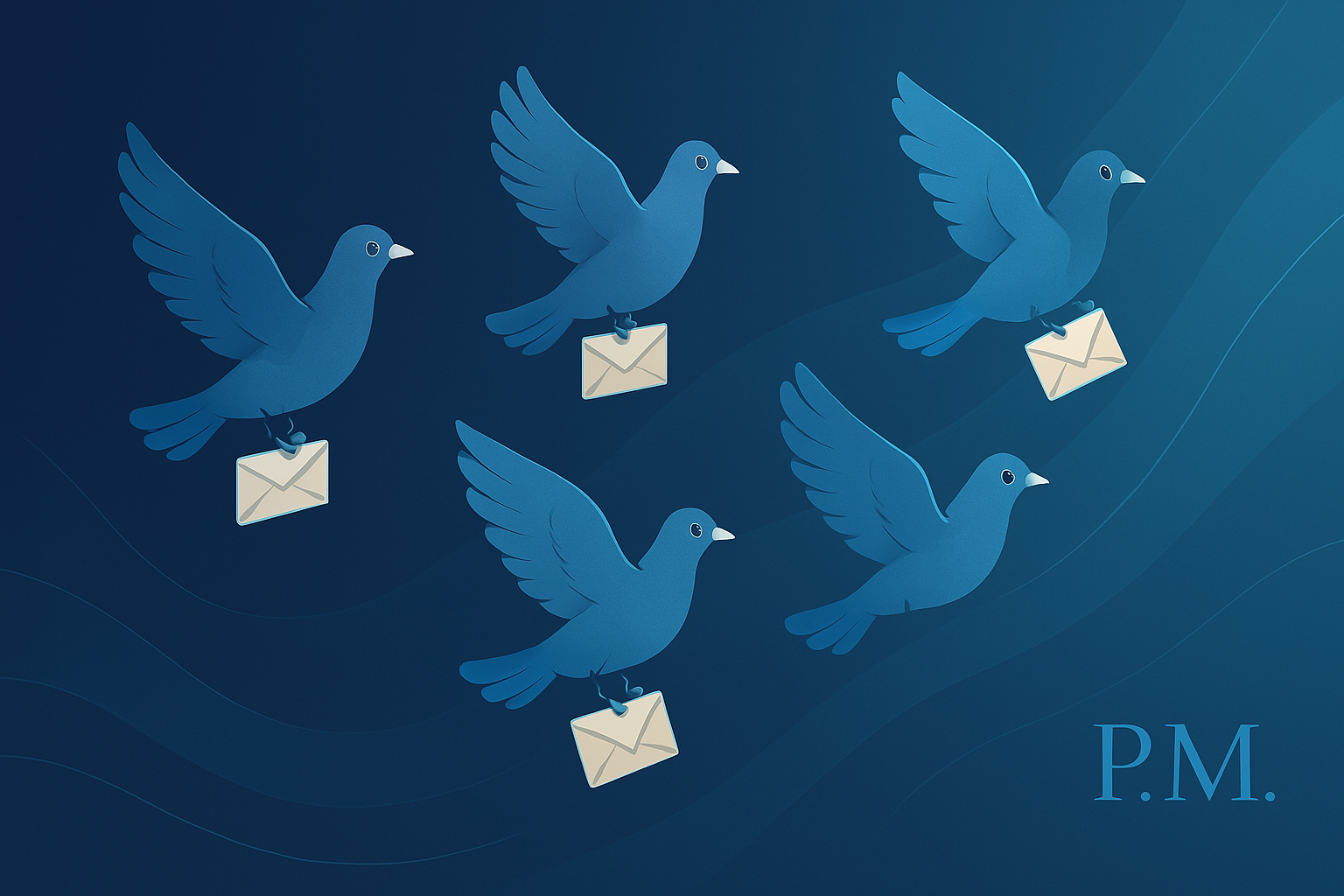 Digital header illustration featuring a smooth, flowing abstract design in shades of dark blue and electric blue, symbolising order and clarity. The initials “P.M.” are subtly embossed in the corner, blending elegantly into the composition.