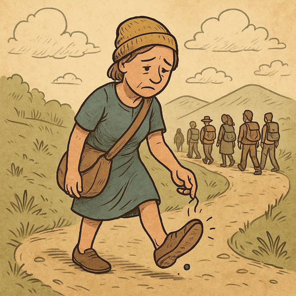 Cartoon-style illustration of a traveller pausing on a long road, one shoe in hand, revealing a small stone. Other figures continue walking in the distance, unaware. The image symbolises unseen struggles and the quiet power of empathy.