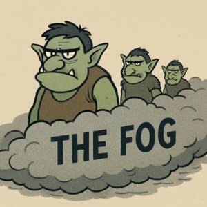 A simple cartoon showing trolls marching in line through a creeping fog—symbols of online cruelty, groupthink, and the distortion of language.