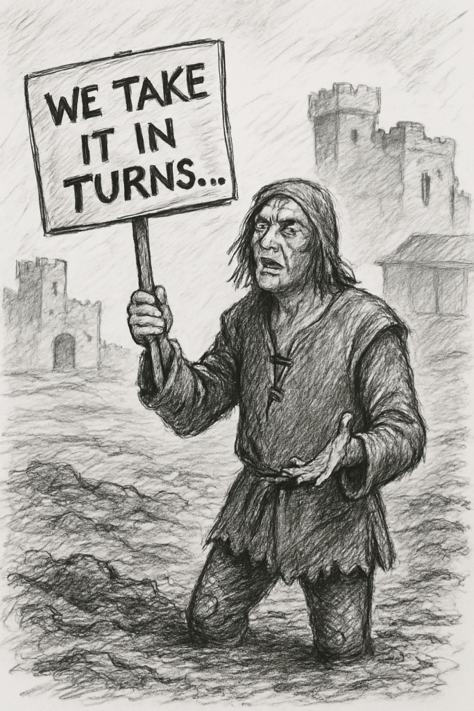 Black and white sketch of a scruffy medieval peasant standing in mud, holding a handmade sign that reads “We take it in turns…” He appears to be mid-sentence, gesturing as if explaining something. The style is deliberately rough and minimalist, resembling protest art. Background is sparse, drawing focus to the figure and his message.